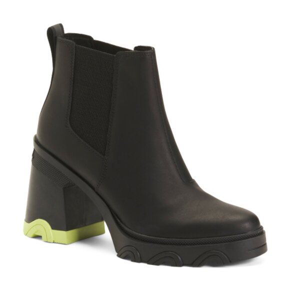 NEW SOREL Leather Brex Heel Chelsea Booties Black/green for women 663mn - Picture 4 of 13